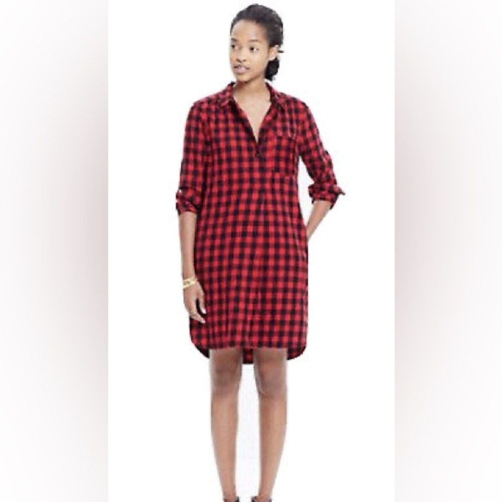 Madewell Latitude Flannel Plaid Shirt Dress in Buffalo Check red/black